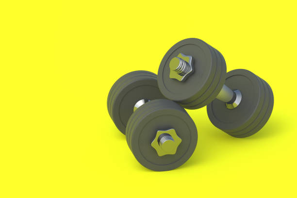 istock Dumbbells with heavy plates. Sports equipment. Copy space. 3d render 1368660467