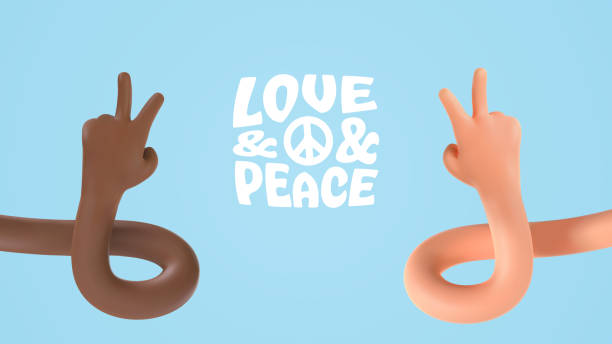 ilustrações de stock, clip art, desenhos animados e ícones de peace no war 3d vector multi ethnic hands gesturing on blue background. world peace day illustration. two fingers up love symbol and victory sign ui hero character. - like sign