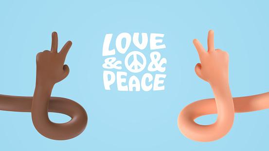 Peace no war 3d vector multi ethnic hands gesturing on blue background. World peace day illustration. Two fingers up love symbol and victory sign ui hero character