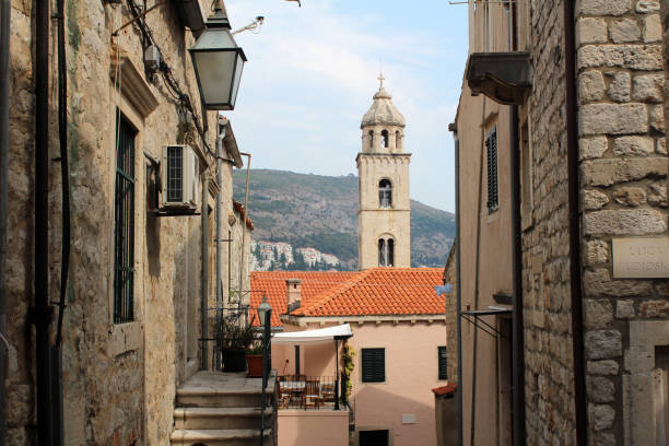 Clock tower view from street in Old town in Dubrovnik, Croatia