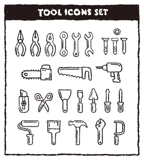 Vector illustration of Hand-drawn tools icons set, Sketch illustration