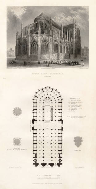 katedra francuska, katedra notre dame, francja, antyczny francuski grawer, 1837 - nave stock illustrations