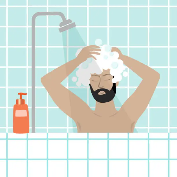 Vector illustration of Man taking a shower, washing his hair.