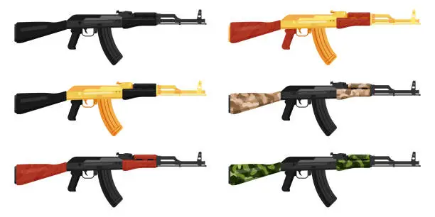 Vector illustration of Set of Russian AK 47 and AK 74 Kalashnikov black, gold and camouflage assault rifle.