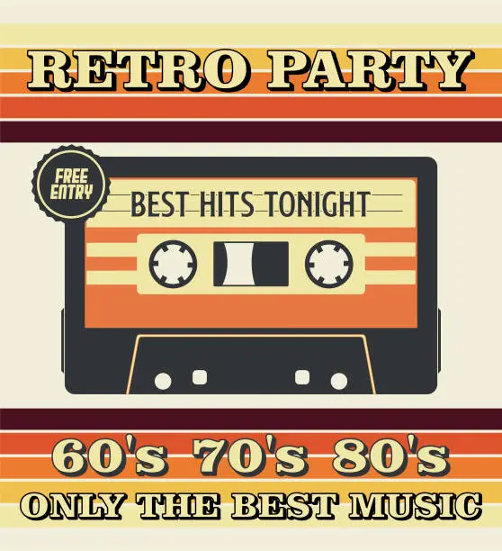 Vector illustration of Retro Music Party and Vintage Music Cassette Poster in Retro Desigh Style. Disco Party 60s, 70s, 80s.