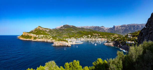 Port de Soller view seen from the south with mountains Serra de Tramuntana and ocean, panorama, Mallorca, Spain