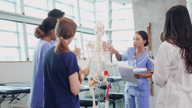 A young adult female nursing or medical school student confidently gives a presentation during anatomy class. She is pointing out several areas on a human skeleton model. The female professor is standing in the foreground, grading the student's performance.