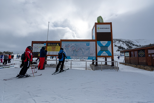 Grandvalira, Andorra : 2022 Febrary 1 : People practicing ski in Andorra in the winter of 2022.