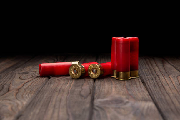 Shotgun cartridges on a brown wooden table. Ammunition for 12 gauge smoothbore weapons. Hunting ammunition. Shotgun cartridges on a brown wooden table. Ammunition for 12 gauge smoothbore weapons. Hunting ammunition. trap shooting stock pictures, royalty-free photos & images