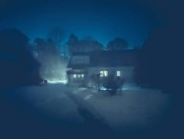 Snowstorm in the forest with an illuminated house at night Pastel toned dark night winter landscape on Cape Cod during the blizzard in February haunted house stock pictures, royalty-free photos & images