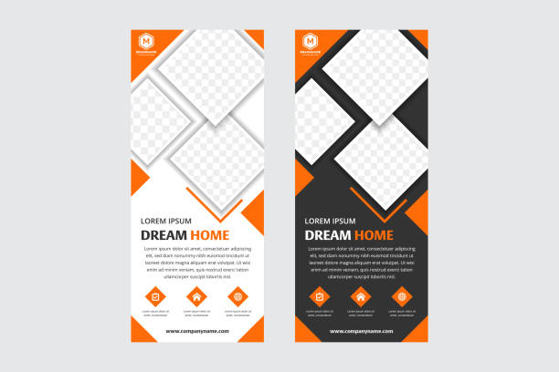 mosaic square space for photo collage in dream home roll up banner design template using black and white background. Set of orange square Business Roll Up Banner flat design template ,Abstract Geometric background. white and black background. space for photo. roll up banner photos stock illustrations