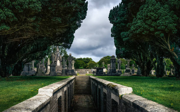 아일랜드 글래스네빈 묘지에서 켈트 십자가가 있는 토굴, 무덤, 묘비에서 출발하는 계단 - cemetery monastery cross tomb 뉴스 사진 이미지