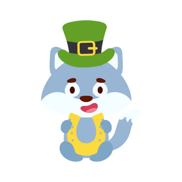 Vector illustration of Cute wolf St. Patrick's Day leprechaun hat holds horseshoe. Irish holiday folklore theme. Cartoon design for cards, decor, shirt, invitation. Vector stock illustration.