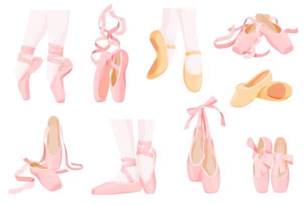 Collection elegant feminine ballet flats with ribbons vector flat illustration ballerina shoes Collection elegant feminine ballet flats with ribbons vector flat illustration. Set of traditional ballerina shoes for art dancing isolated. Pink and beige ballet dance costume gymnastic performance ballet dancer feet stock illustrations