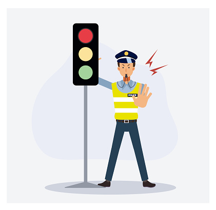 Traffic police near the traffic light is hand up to stop the cars, Red light. Flat vector cartoon character.
