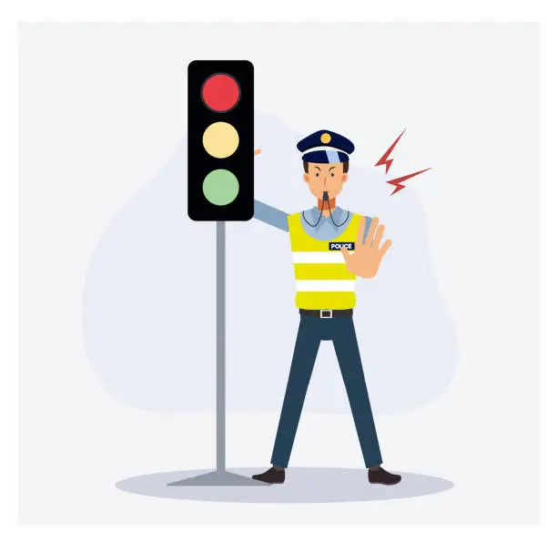 Vector illustration of Traffic police near the traffic light is hand up to stop the cars, Red light. Flat vector cartoon character.
