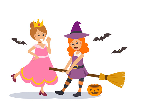 Cute Young 2 girls in witch/ magician princess costume are playing each other in Halloween festive.Flat character Vector illustration.