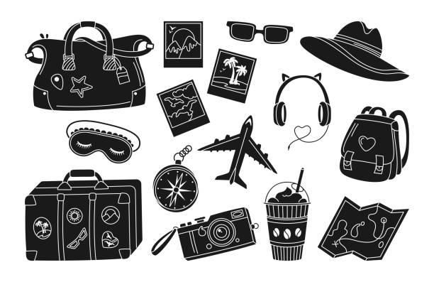 reise urlaub reise druck briefmarke set vintage glyph tagebuch speicher scrapbook vektor - doodle map drawing sunglasses stock-grafiken, -clipart, -cartoons und -symbole