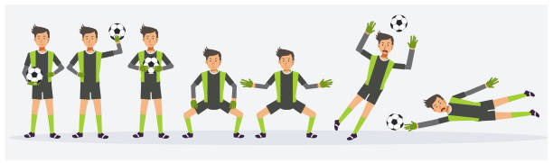 коллекция набор футбола, футбол вратарь играет показывает различные действия. плоская векторная иллюстрация персонажа мультфильма - goalie stock illustrations