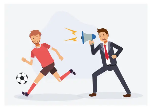 Vector illustration of Football,soccer manager with megaphone is yelling to unhappy football,soccer player. Bad management concept. flat vector cartoon character illustration