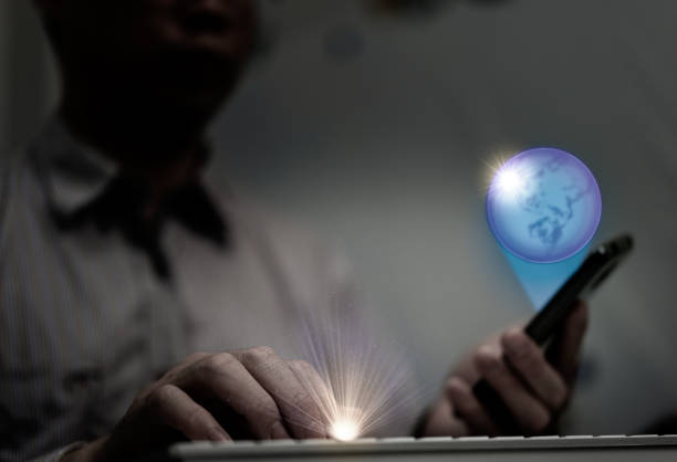 Man hold globe world hologram in onlin cyberspace technology change world concept