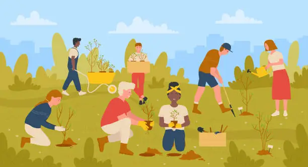 Vector illustration of Gardeners people work in eco garden together, volunteers gardening, planting seedlings