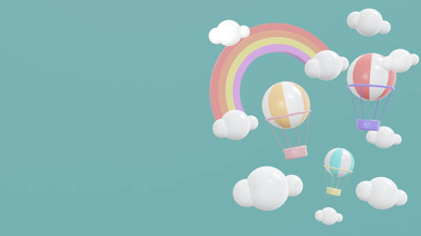 istock 3D Rendering of hot air balloon rainbow and cloud in the sky. 3D Render illustration. 1368700987