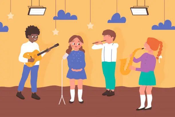 Vector illustration of Children with musical instruments play acoustic music on school concert or party