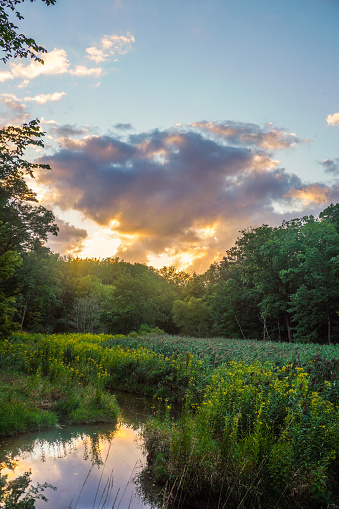 Summer sunset view in Independence, Ohio along Hemlock Creek Trail, a connector to Cuyahoga Valley National Park.