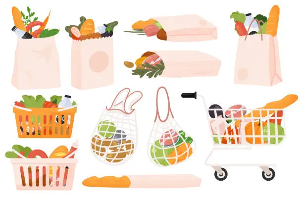 Vector illustration of Grocery food products set, paper bag, basket and supermarket cart full of goods purchases