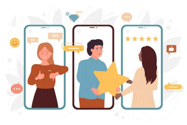 People customers provide review on screens of mobile phones, man giving star to woman People customers provide review on screens of mobile phones vector illustration. Cartoon happy man client giving star of positive feedback to woman. Users appreciation, loyalty, online survey concept supplier relationship management stock illustrations