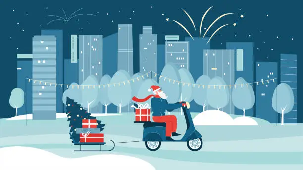 Vector illustration of Santa Claus riding scooter for gift delivery in winter city, Christmas greeting card