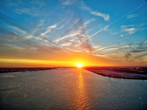 Aerial View of Sunset over Delaware River Philadelphia