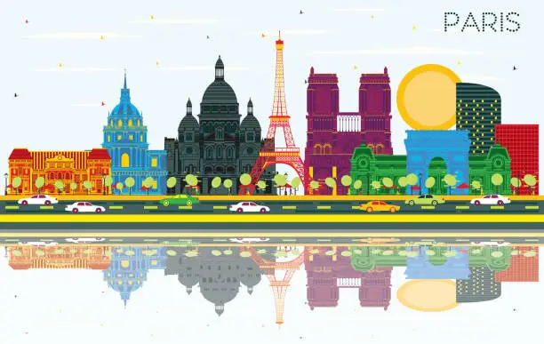 Vector illustration of Paris France City Skyline with Color Buildings, Blue Sky and Reflections.