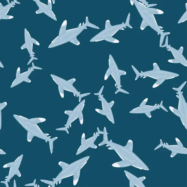 Vector illustration of Oceanic whitetip shark seamless pattern in scandinavian style. Marine animals background. Vector illustration for children funny textile.