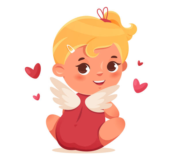 süßes sitzendes engelsmädchen - angel cherub heart shape smiling stock-grafiken, -clipart, -cartoons und -symbole