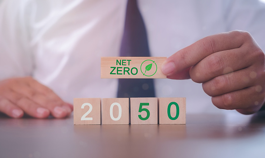Hand puts wooden cubes with net zero icon in 2050 on grey background. Net zero by 2050. Carbon neutral. Net zero greenhouse gas emissions target. Climate neutral long term strategy.