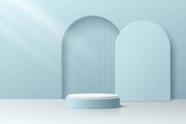 istock Abstract 3D room with realistic blue cylinder pedestal podium and vertical stripes in arch shape door. Minimal scene for product display presentation. Vector geometric platform design. Stage showcase. 1368720866