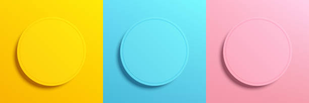 istock Set of yellow, blue and pink frame design. Abstract 3D circle pedestal or podium pastel color for cosmetic product. Collection of geometric background with copy space. Top view. Vector illustration. 1368721572