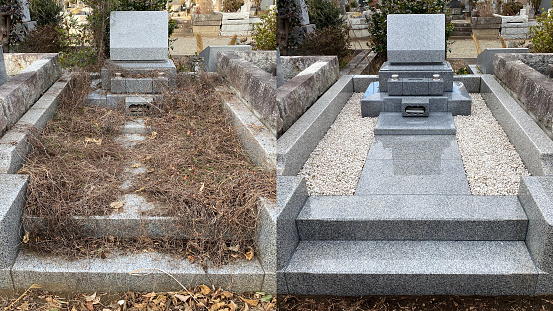 Before and after. Restoration and cleaning of cemetery tombstone, beautiful polished gray granite.