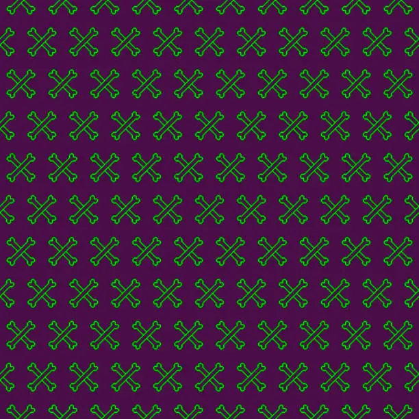 Vector illustration of simple vector pixel art seamless pattern of minimalistic two neon green glowing crossbones