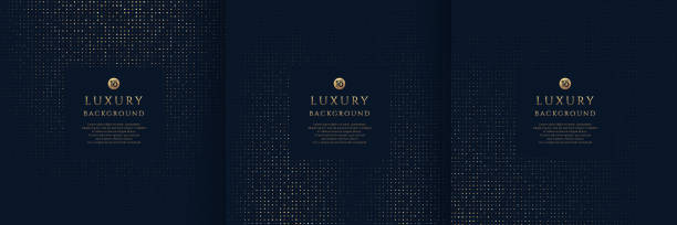 set of glowing golden dots glitter overlapping on dark blue background. collection of luxury and elegant halftone pattern with copy space. vector design for cover template, poster, banner, print ad. - zarafet stock illustrations