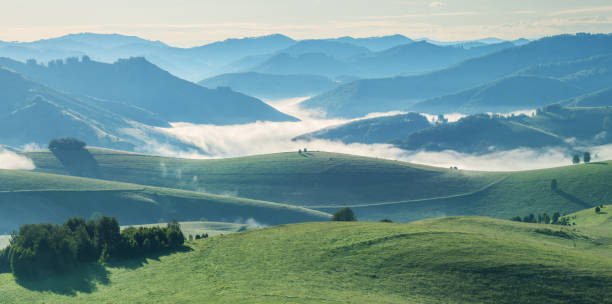 istock Mountains and hills in morning light, fog 1368726123