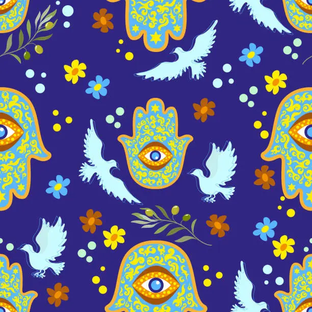 Vector illustration of Seamless pattern with Hamsa and decorative elements on a dark background