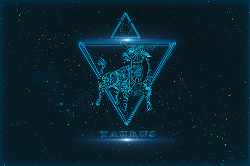 Taurus horoscope sign in twelve zodiac with galaxy stars background.\