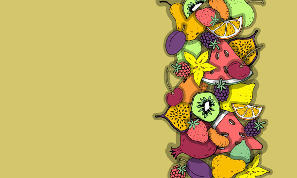 istock Exotic fruits border composition. Cartoon hand drawing colored sketch. Healthy organic vegan diet ration market. Kiwi pear strawberry figs vector illustration 1368730359