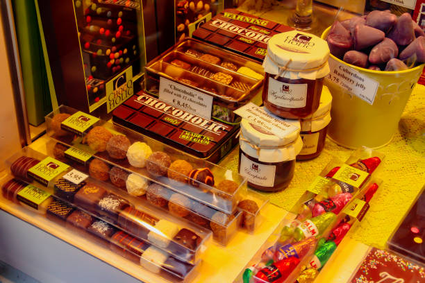 Selection of chocolate in a row, shop in Belgium.