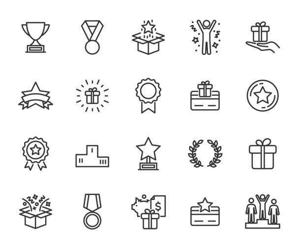 ilustrații de stoc cu set vectorial de pictograme de linie de recompensă. conține icoane premiu, trofeu, câștigător, cadou, program de loialitate, card bonus și multe altele. pixel perfect. - trofeu