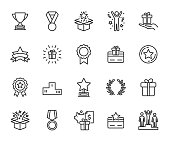istock Vector set of reward line icons. Contains icons prize, trophy, winner, gift, loyalty program, bonus card and more. Pixel perfect. 1368730551