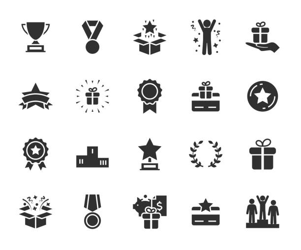stockillustraties, clipart, cartoons en iconen met vector set of reward flat icons. contains icons prize, trophy, winner, gift, loyalty program, bonus card and more. pixel perfect. - succes